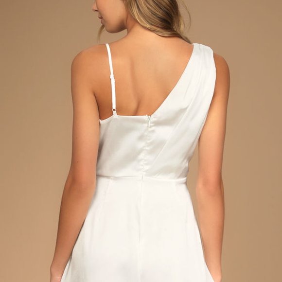 Lulu's Likely Lover Ivory Satin Asymmetrical Cowl Neck Romper - Picture 4 of 6